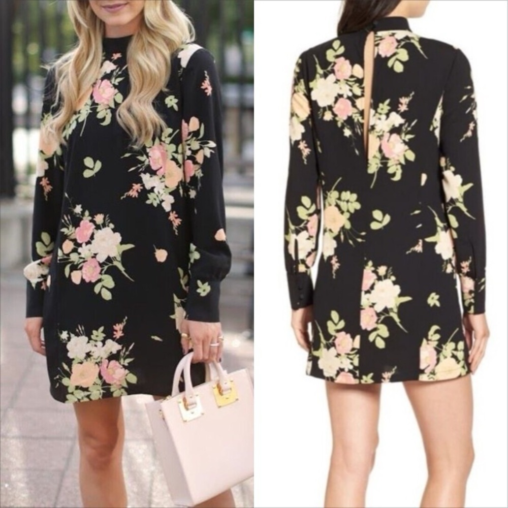 Leith black floral long sleeve keyhole back sheath mini dress‎
